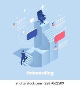 New employee orientation onboarding isometric concept with man moving up stairs to his workplace 3d vector illustration