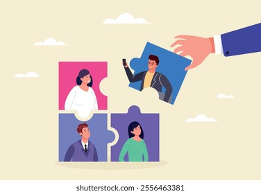 New employee puzzle. HR manager businessman leader hand join connect new employee to company office team, colleague jigsaw piece welcome job onboarding concept vector illustration original artwork