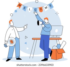 Nuevo empleado. Ilustración vectorial. Los directivos y los profesionales de recursos humanos desempeñan un papel crucial en la búsqueda de candidatos adecuados y su integración en la estructura corporativa El nuevo empleado se suma a la diversidad de personal