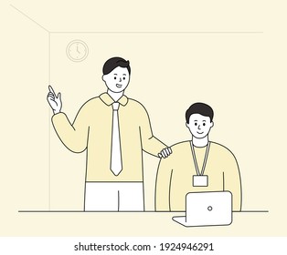A new employee who is being confirmed and confirmed by his boss illustration set. computer, clock, office, advice. Vector drawing. Hand drawn style.