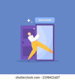 a new employee or worker enters a new workplace. a new member entered a door. enter a new zone or place. join and welcome. illustration concept design. graphic elements