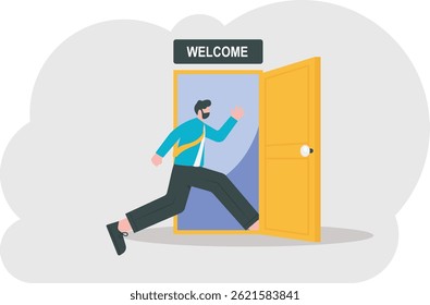 a new employee or worker enters a new workplace. a new member entered a door. enter a new zone or place. join and welcome. illustration concept design. graphic elements

