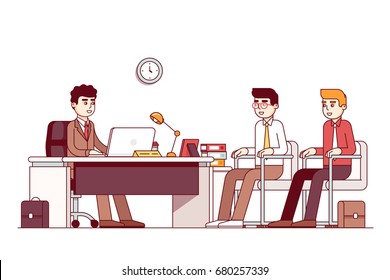 New Employees & Boss Sitting In Office Room With Three Chairs, Desk. CEO Or HR Officer And Two Candidates Job Interview. Business Meeting. Flat Style Thin Line Vector Illustration Isolated On White.