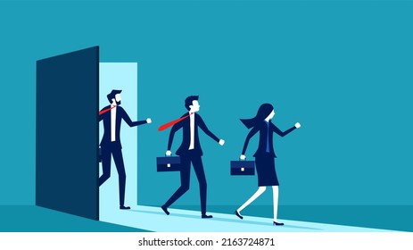 New employees enter the workforce. businessman opens the door to enter. business concept vector illustration