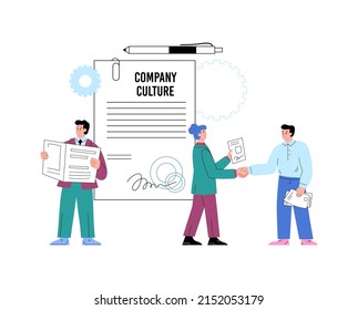 New employees get acquainted with rules of company culture, flat cartoon vector illustration isolated on white background. Company policy and corporate ethics rules.