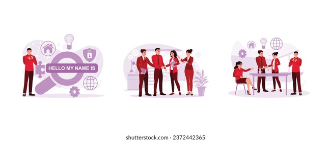 New employees introduce themselves in front of other colleagues. Shake hands and get to know each other at a meeting. Congratulations from the manager. Introduce An Idea concept. Set Trend Modern vect