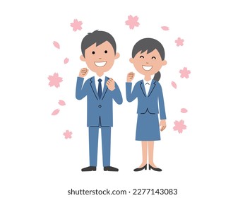 New employees triumphantly amid the fluttering cherry blossom petals
