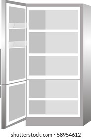 New empty refrigerator with the door open isolated on white background