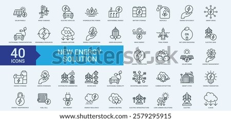 New energy solution icon collection set with solar panels, wind turbines, electric vehicles, hydroelectric power, geothermal energy