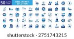 New energy solution icon set with solar, energy, wind, biomass, geothermal, hydropower, renewable, sustainable, efficiency, wave, eolic, battery, storage, grid, turbine, hydrogen, and generator
