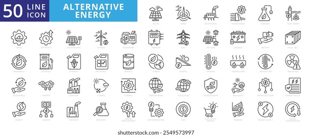 New energy solution icon set with solar, energy, wind, biomass, geothermal, hydropower, renewable, sustainable, efficiency, wave, eolic, battery, storage, grid, turbine, hydrogen, and generator