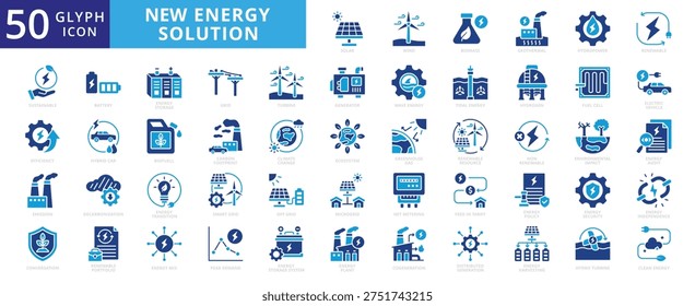 New energy solution icon set with solar, energy, wind, biomass, geothermal, hydropower, renewable, sustainable, efficiency, wave, eolic, battery, storage, grid, turbine, hydrogen, and generator