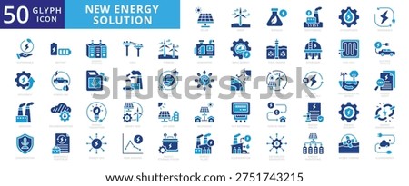 New energy solution icon set with solar, energy, wind, biomass, geothermal, hydropower, renewable, sustainable, efficiency, wave, eolic, battery, storage, grid, turbine, hydrogen, and generator