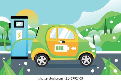 New Energy Vehicle Is Charging At A Charging Pile With Mountains And River In The Background, Vector Illustration