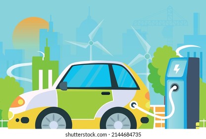 New Energy Vehicle Is Charging At Charging Pile, Low Carbon Life, Vector Illustration