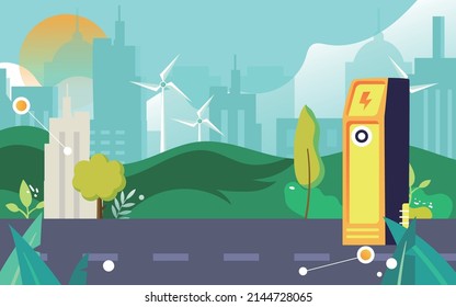 New Energy Vehicle Is Charging At Charging Pile, Low Carbon Life, Vector Illustration