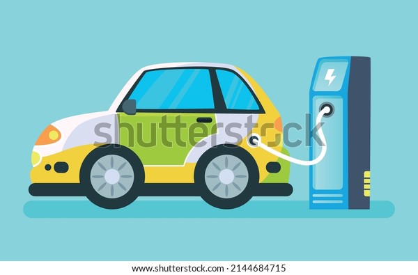 New energy vehicle is charging at\
charging pile, low carbon life, vector\
illustration