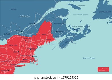 New England region detailed editable map with cities and towns, geographic sites, roads, railways, interstates and U.S. highways. Vector EPS-10 file, trending color scheme