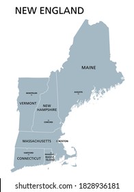 New England Region Of The United States Of America, Gray Political Map. The Six States Maine, Vermont, New Hampshire, Massachusetts, Rhode Island And Connecticut With Capitals. Illustration. Vector.