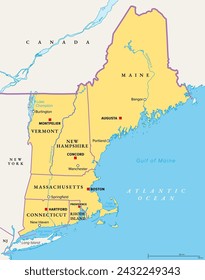 New England, eine Region der Vereinigten Staaten, politische Landkarte. Maine, Vermont, New Hampshire, Massachusetts, Rhode Island und Connecticut mit Hauptstädten. Grenzt an die Region des mittleren Atlantiks und an Kanada.