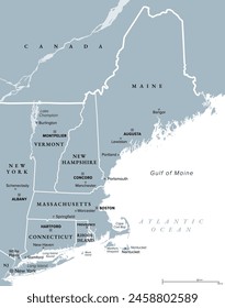 New England, a region of the United States, gray political map. Maine, Vermont, New Hampshire, Massachusetts, Rhode Island and Connecticut with Capitals. Bordered by Mid-Atlantic region and by Canada.