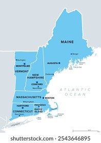 New England region of United States, political map with borders, capitals and most important cities. Comprising U.S. states Maine, Vermont, New Hampshire, Massachusetts, Rhode Island and Connecticut.