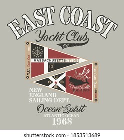 New England yacht club sailing team vintage print for boy t shirt with nautical flag pennant