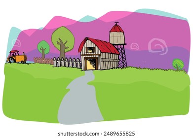 New England-style Barn in a farm cartoon artwork concept. Editable Clip Art.