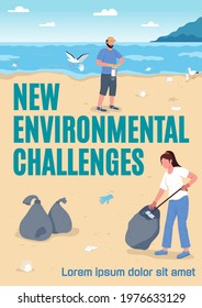New environmental challenges poster flat vector template. Disposable masks and gloves. Brochure, booklet one page concept design with cartoon characters. New pollution sources flyer, leaflet