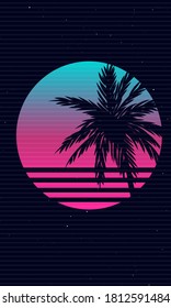 New etro Wave Artwork with Palm Tree, Sunset and Stars