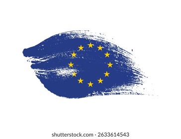 New European Union flag with ink grunge paint. Stain brush stroke effect on white background