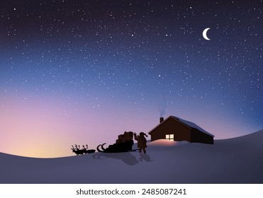 New Year’s Eve concept, with Santa Claus loading his sleigh in front of his house, before leaving to distribute his gifts.