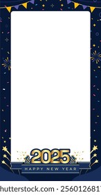 New Year’s Eve portrait frame template with deep navy background, golden text, colorful fireworks, confetti, and party banners. Perfect for social media posts, Instagram stories, and event promotions