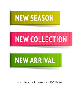 New fabric label vector set; season, collection and arrival tags, shopping design  elements 