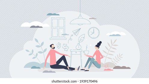 New Family Home And Interior Design Imaginary Planning Tiny Person Concept. Couple Sitting On Floor And Thinking About House Style And Furniture Arrangement As Goods Silhouette Vector Illustration.