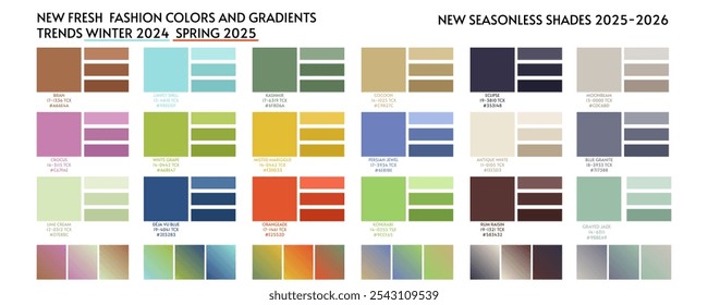 Nova moda cor e gradientes tendência 2025 2026. Previsão da paleta de cores da tendência de cores futura e gradientes novas combinações de cores Verão outono inverno 2026