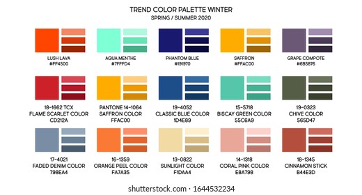 New fashion color trend spring summer autumn 2020. Color palette forecast of the future color trend, a juicy collection of shades