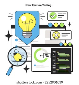 New feature testing. Software testing methodology. IT specialist searching for bugs in code. Website and application development. Flat vector illustration