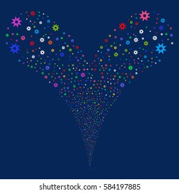 New fireworks stream. Vector illustration style is flat bright multicolored iconic symbols on a blue background. Object double fountain done from random pictographs.