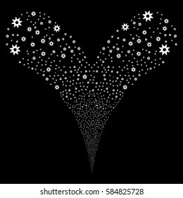 New fireworks stream. Vector illustration style is flat white iconic symbols on a black background. Object double fountain organized from random symbols.
