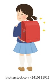 A new first grade girl carrying a school bag (back view)