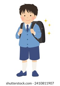 A new first-year boy carrying a school bag (front)