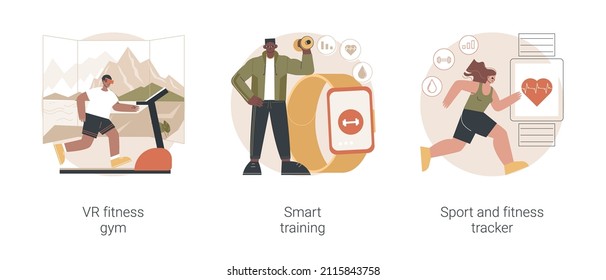 New fitness technology abstract concept vector illustration set. VR fitness gym, smart training system, sport and fitness tracker, activity band, health monitor, interactive workout abstract metaphor.