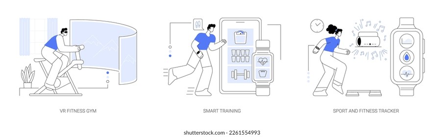 New fitness technology abstract concept vector illustration set. VR fitness gym, smart training system, sport and fitness tracker, activity band, health monitor, interactive workout abstract metaphor.