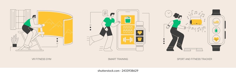 Neue Fitnesstechnologie abstrakte Konzept Vektor Illustration Set. VR-Fitness-Fitness-Fitness-Studio, intelligentes Trainingssystem, Sport- und Fitness-Tracker, Aktivitätsband, Gesundheitsmonitor, interaktives Training abstrakte Metapher.