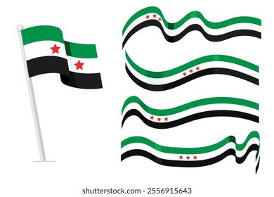 New Flag of Syrian Arab Republic, symbol of Syria, wavy ribbon with Syrian national flag, Freedom for Syria. 8th December, national day, Vector illustration.