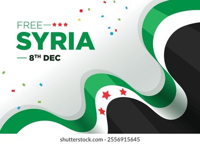 New Flag of Syrian Arab Republic, symbol of Syria, wavy ribbon with Syrian national flag, Freedom for Syria. 8th December, national day, Vector illustration.