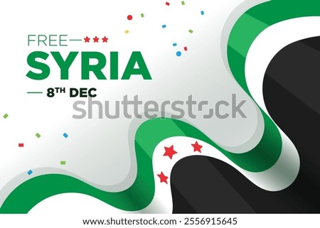 New Flag of Syrian Arab Republic, symbol of Syria, wavy ribbon with Syrian national flag, Freedom for Syria. 8th December, national day, Vector illustration.