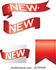 NEUE Blitze und Banner auf glänzendem rotem Band