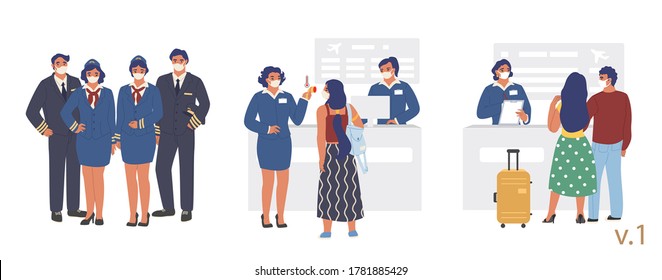 New flight travel rules at airport terminal check-in, vector flat illustration. Pilots stewardesses passengers wearing face masks, health thermal screening. Covid-19 spread prevention during travel.